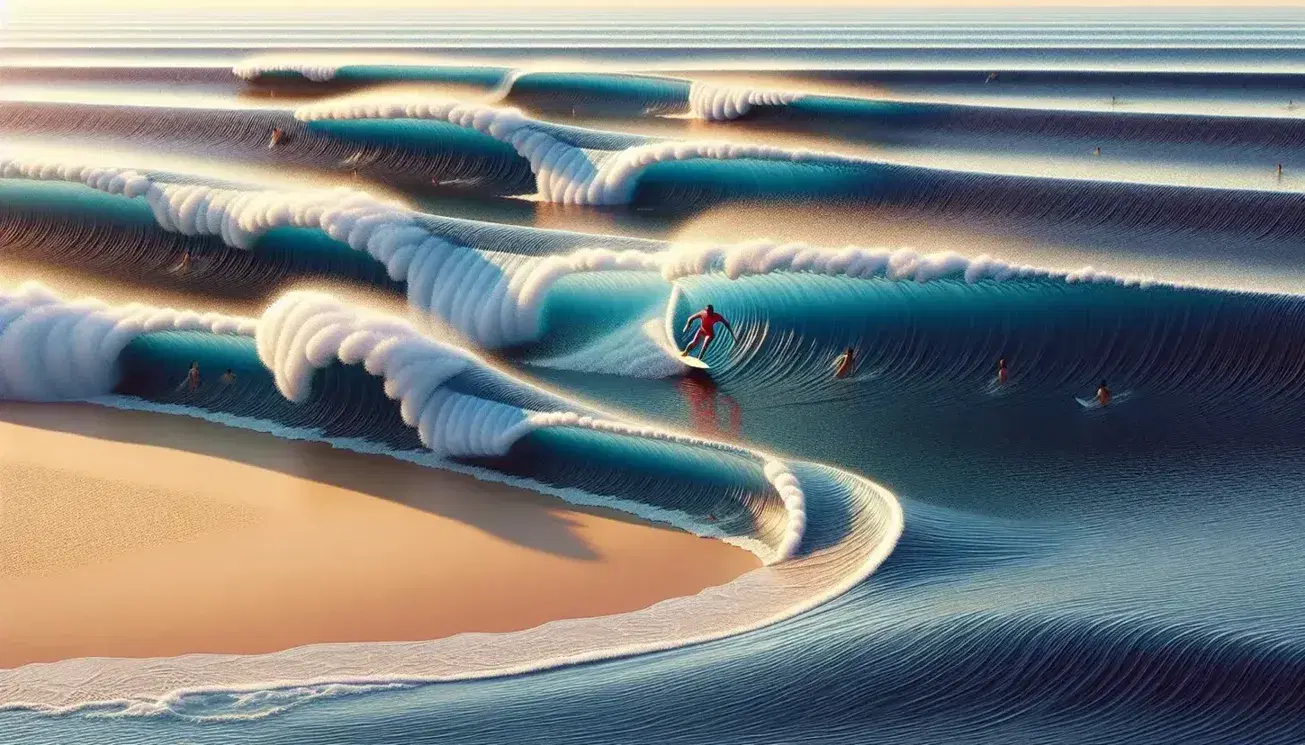 Surfer in red wetsuit rides a cresting wave on a sunny beach with seagulls flying overhead and a shimmering sea reflecting the sunlight.