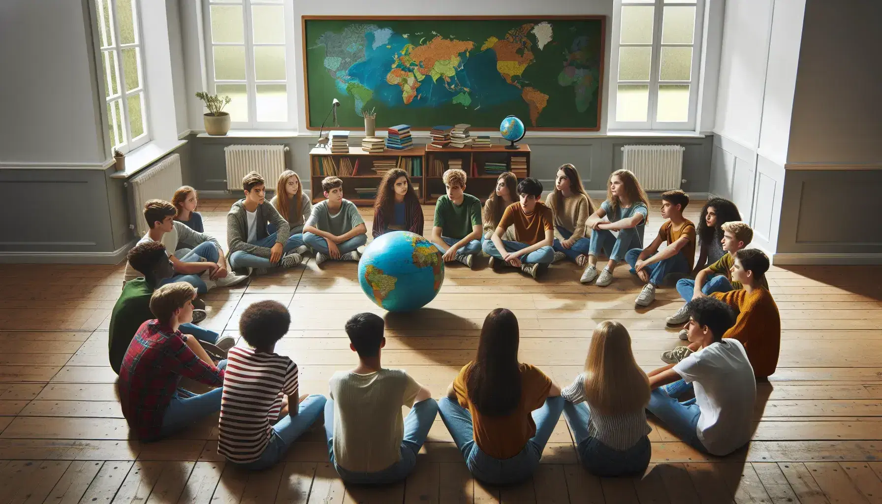 Grupo de estudiantes adolescentes diversos sentados en semicírculo alrededor de un globo terráqueo en un aula iluminada por luz natural, participando en una actividad de grupo.