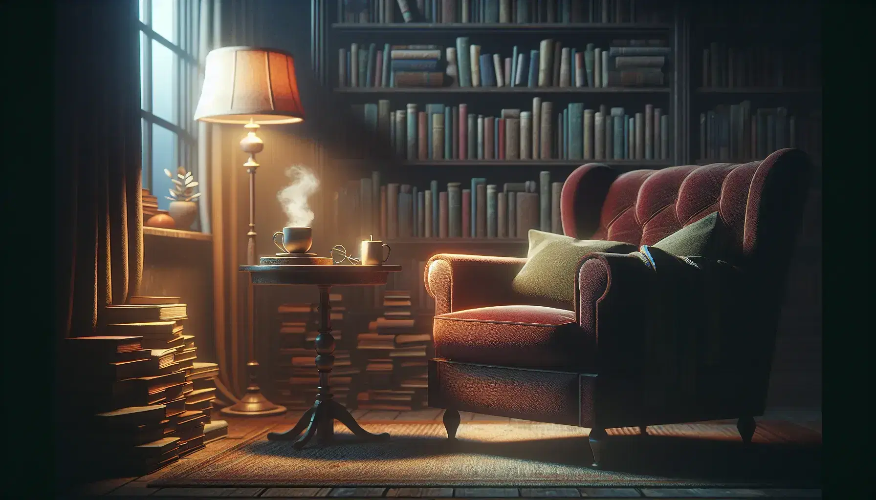 Cozy living room at dusk with a burgundy armchair, wooden side table with a mug and spectacles, bookshelf, and twilight sky visible through a window.