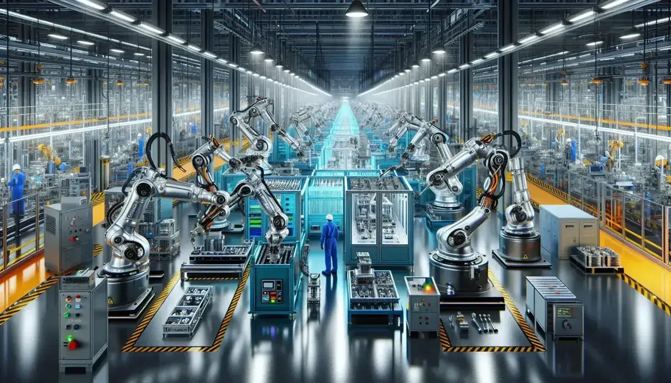 Linea di assemblaggio automatizzata con bracci robotici in una fabbrica moderna, operai in controllo qualità e macchinari industriali in funzione.