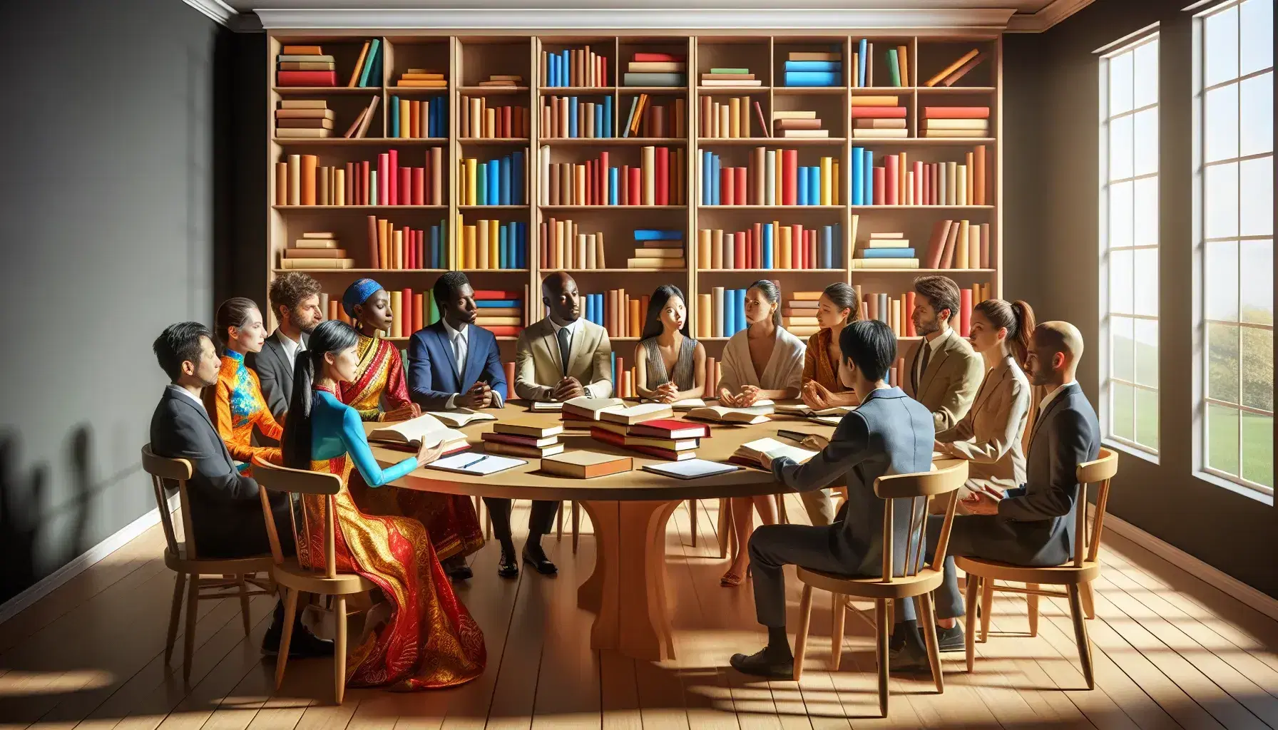 Diverse professionals in a discussion around a wooden table with open books and notepads in a well-lit room, symbolizing multicultural collaboration.