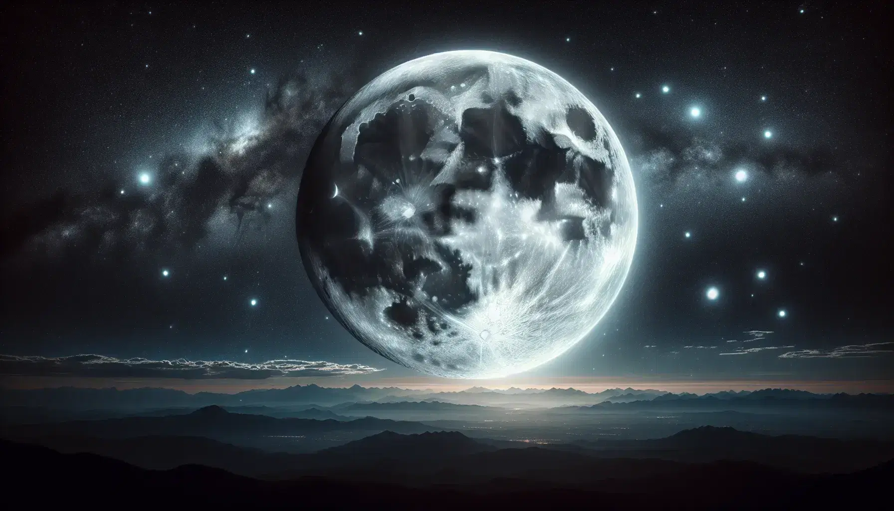 Luna piena dettagliata con crateri visibili in cielo notturno stellato sopra silhouette di colline terrestri.
