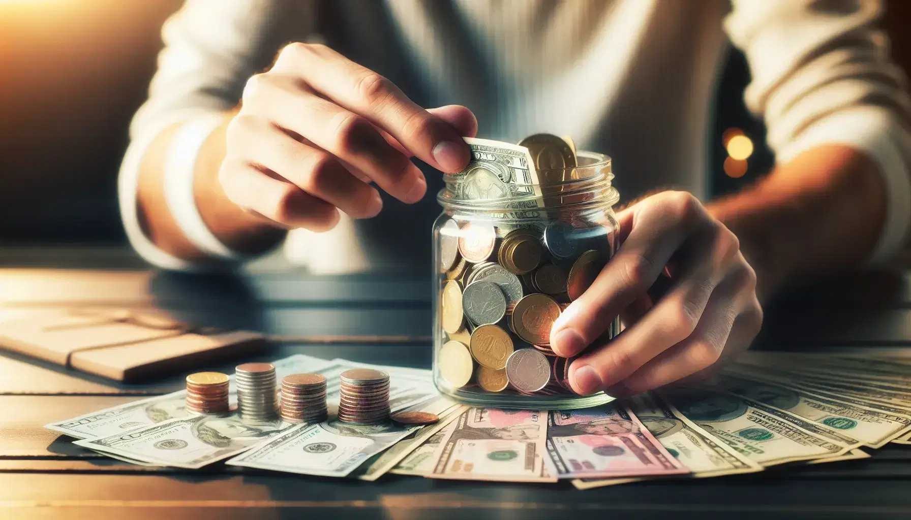 Close-up view of hands counting a stack of multicolored, unidentifiable bills on a wooden table, with a coin-filled glass jar above and a blurred office backdrop.