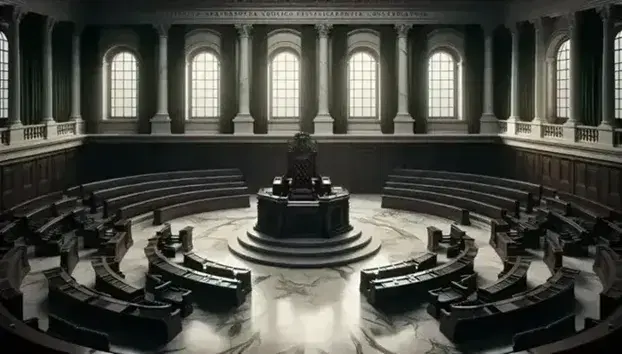 Sala vuota dell'Assemblea Costituente italiana con banchi in legno a semicerchio, poltrona rossa e orologio su parete.