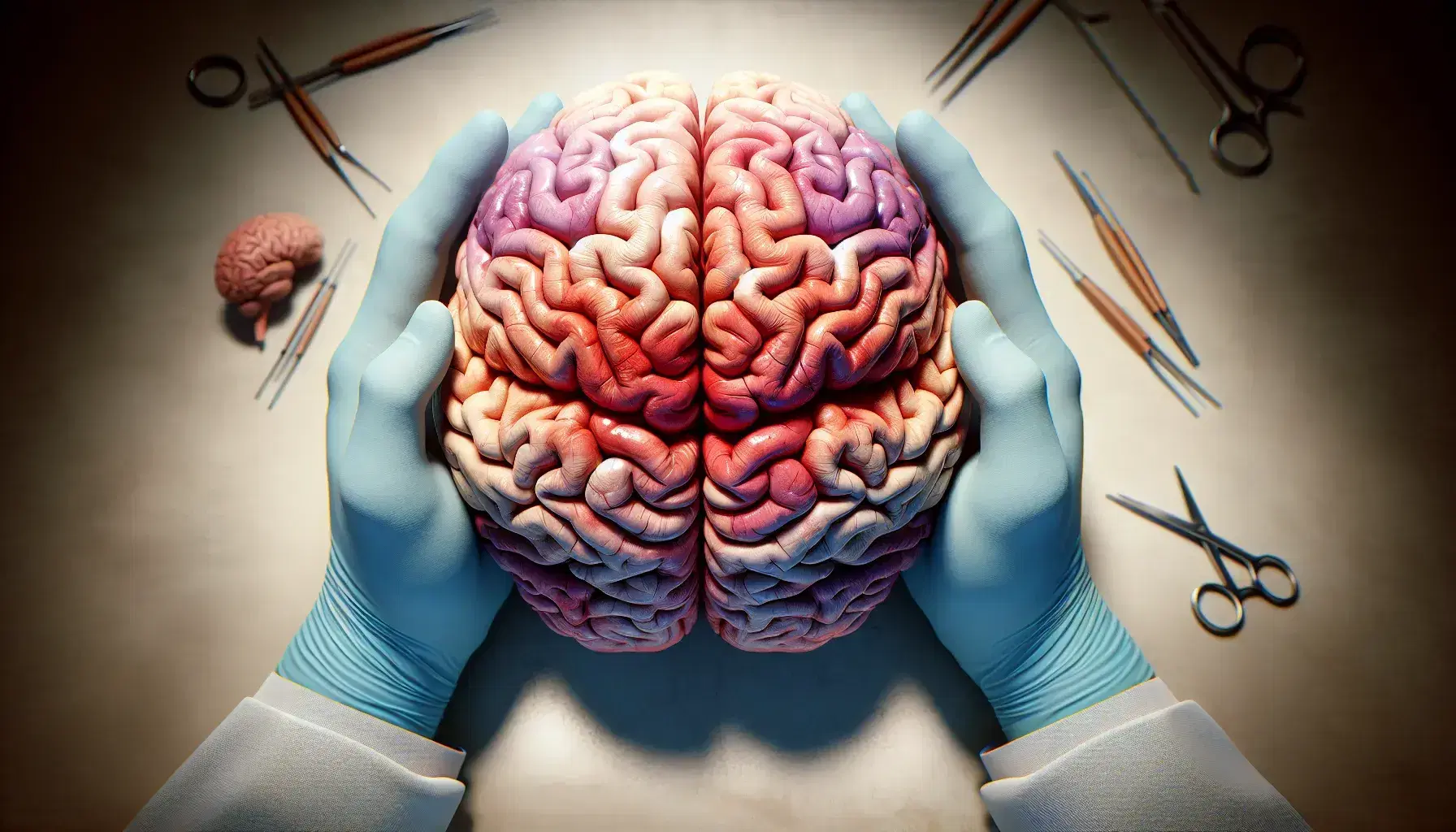 Cervello umano visto dall'alto con dettagliate convoluzioni su sfondo neutro, tenuto da mani in guanti blu, senza etichette.