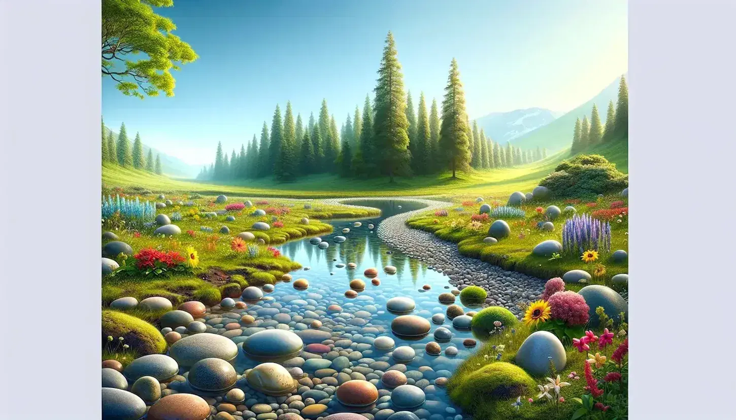 Serene landscape with a reflective stream, colorful pebbles and flowers, diverse green trees, and snow-capped mountains under a gradient blue sky.