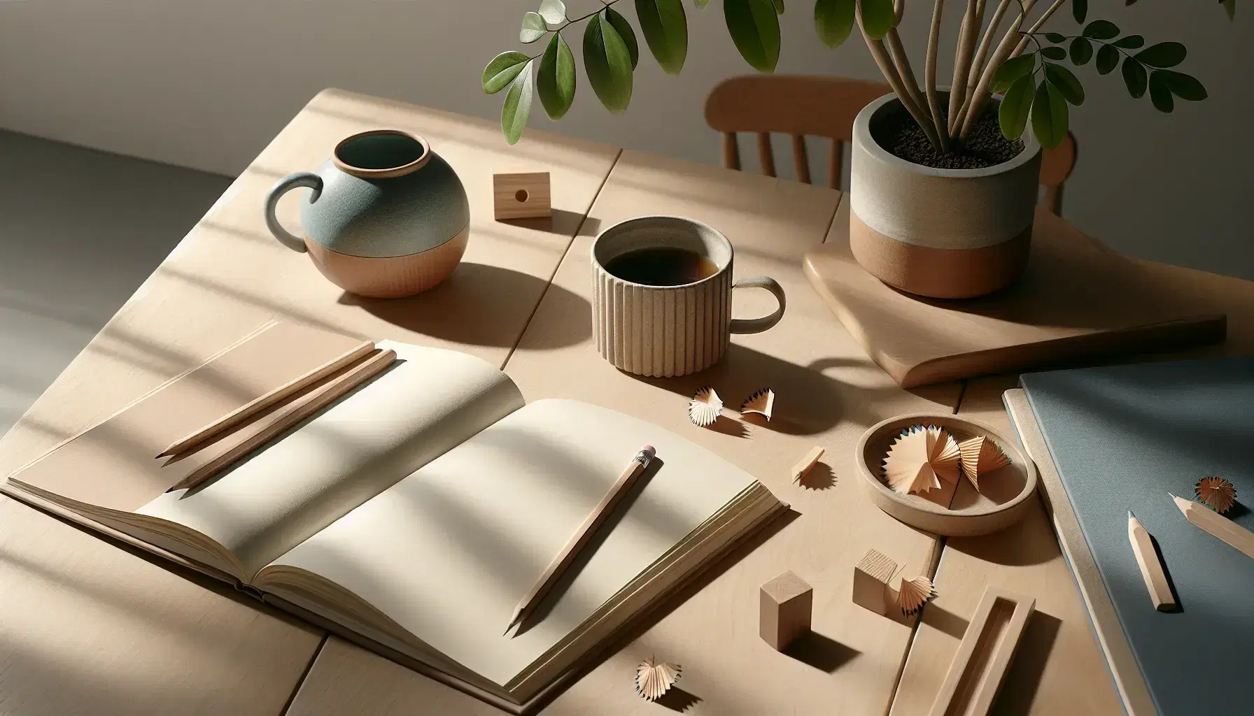 Mesa de madera clara con libro abierto, lápiz y virutas, taza de cerámica con bebida oscura y planta verde en maceta de terracota.