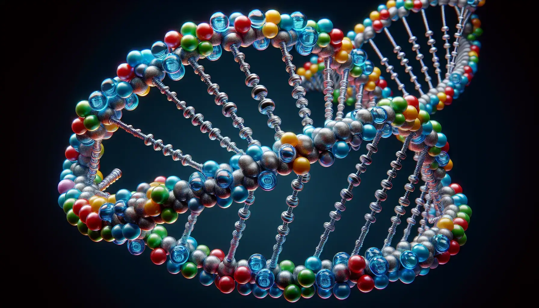 DNA double helix model with metallic coils and nitrogenous bases colored, showing denaturation with separation of base pairs.
