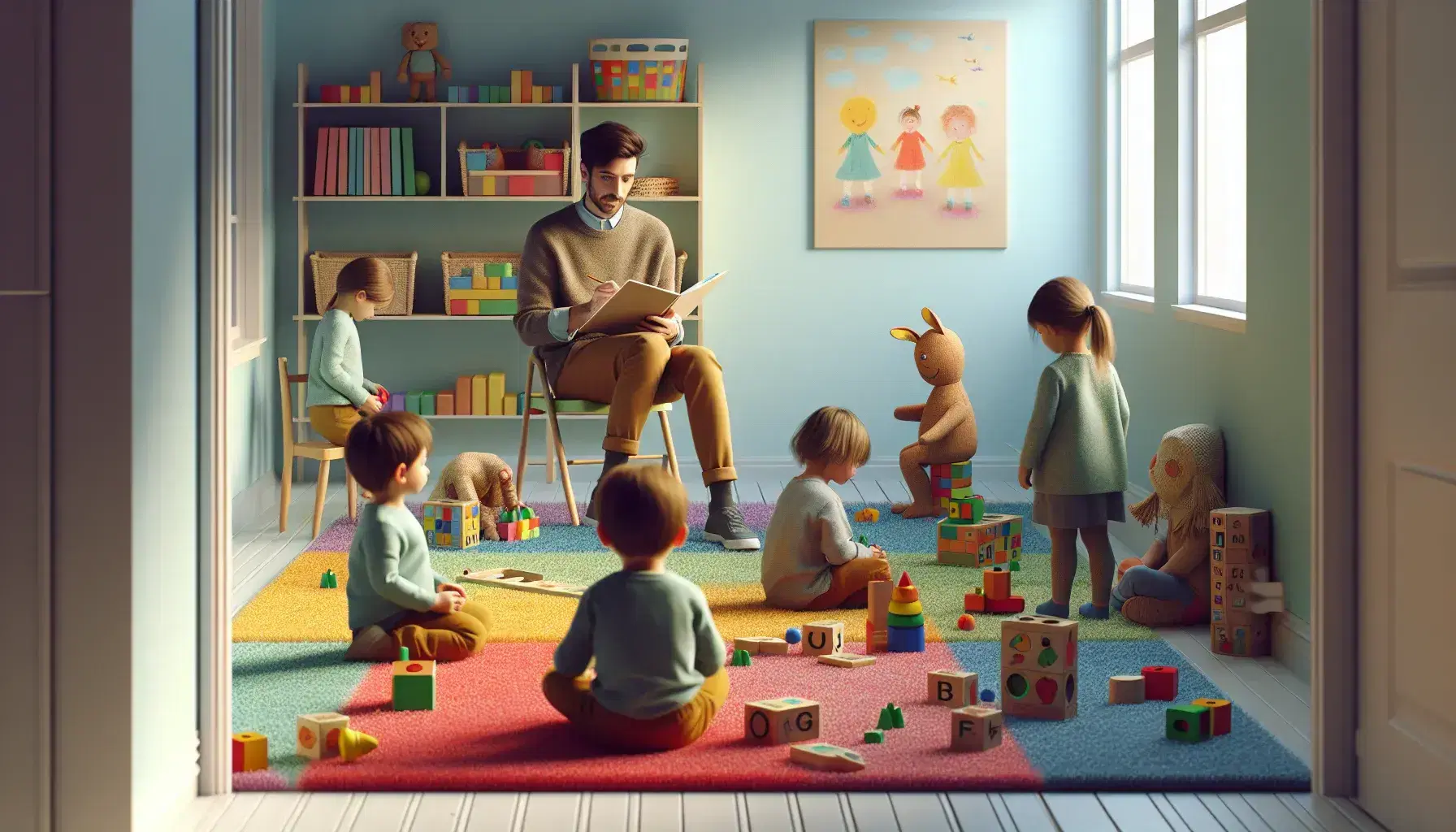Adulto che osserva bambini in asilo giocare con giocattoli educativi su tappeto colorato, prendendo appunti in un quaderno.