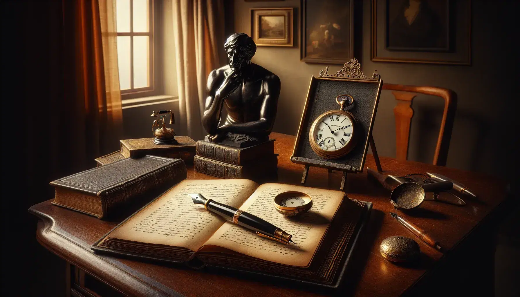 Scrivania antica in legno scuro con libro aperto, penna stilografica, orologio da tasca e statuetta bronzea di pensatore, in studio classico illuminato.