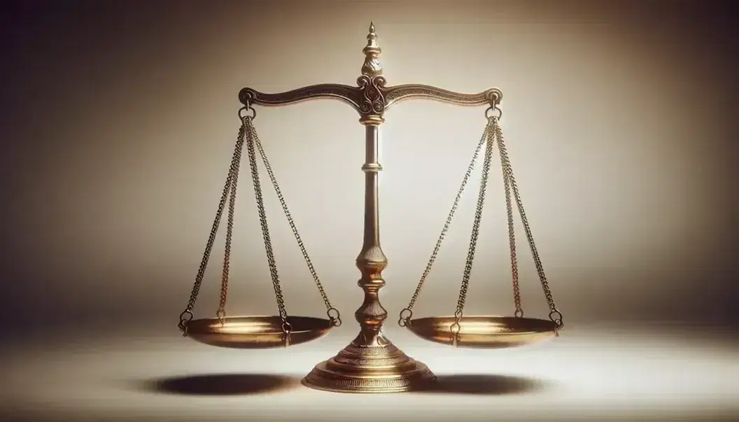 Balanced golden justice scale with equal-height pans, polished beam, and ornate stand against a plain background, symbolizing fairness and equilibrium.