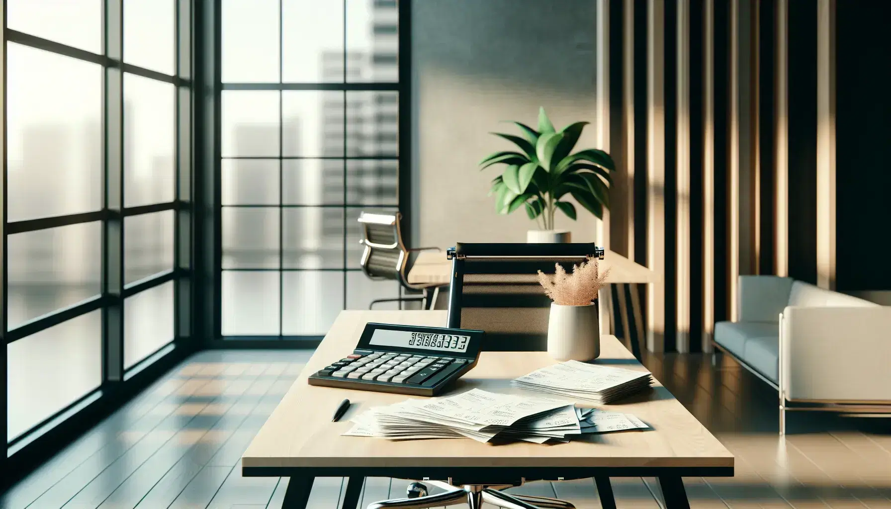 Oficina moderna y luminosa con mesa de madera, calculadora negra, recibos desordenados, silla ergonómica y planta interior, con luz natural de ventana.