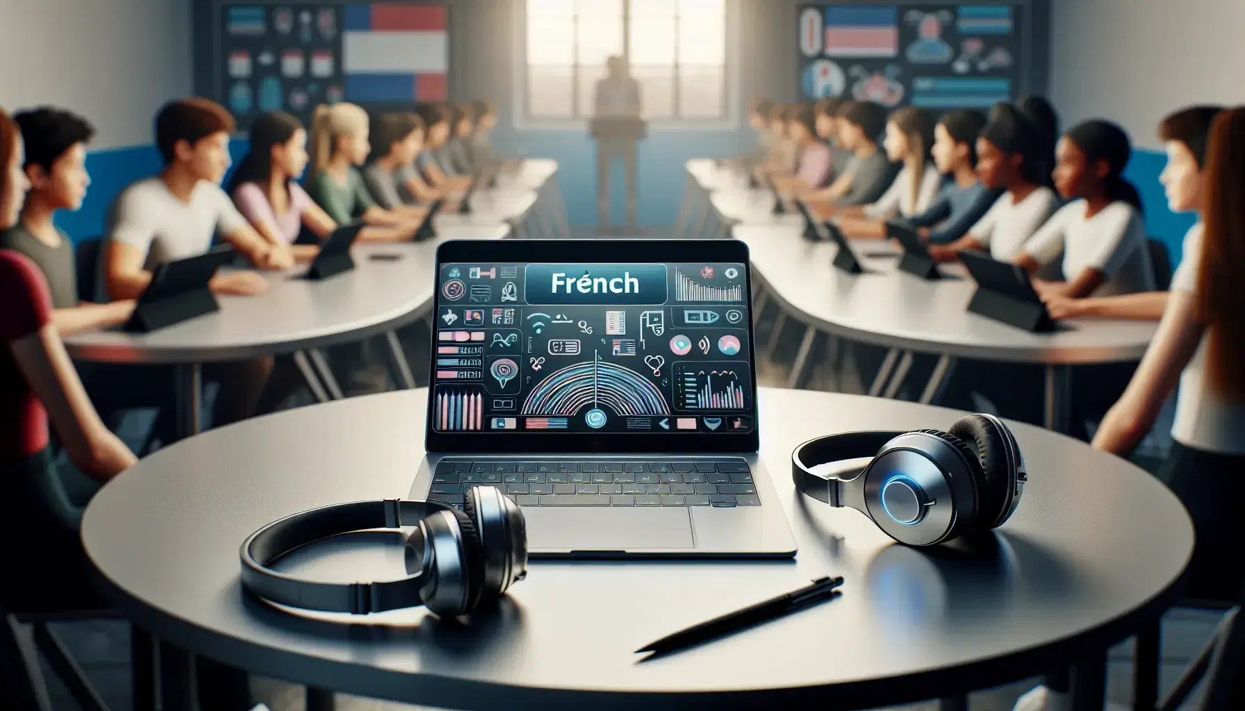 Modern French language classroom with diverse students using laptops and tablets with headphones for interactive learning, bathed in natural light.