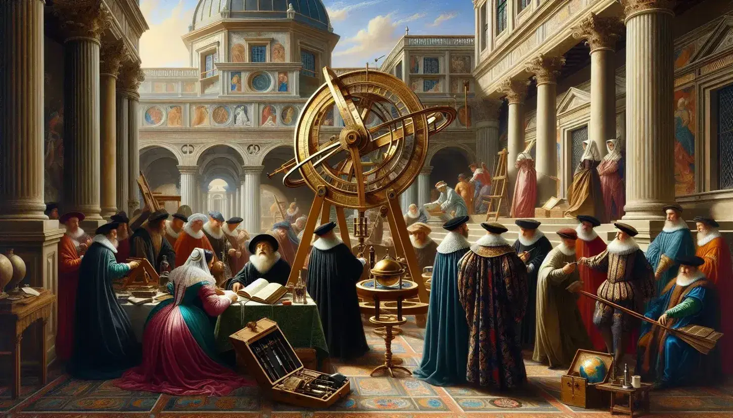 Renaissance scene with people examining a scientific instrument, artist painting, globe and book on table, set against classic architecture under a blue sky.