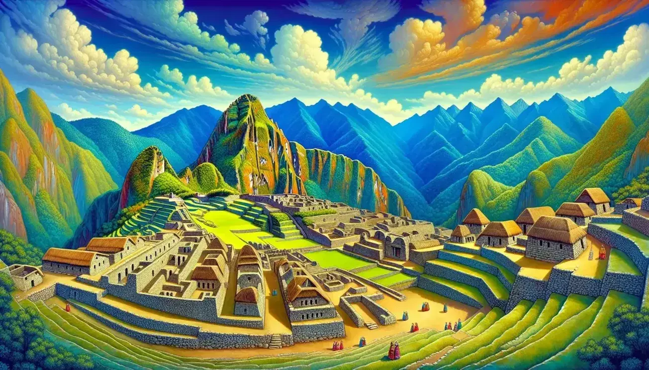 Vista panorámica de la ciudadela inca de Machu Picchu con terrazas de cultivo, estructuras de piedra y techos de paja, bajo un cielo azul con montañas verdes.