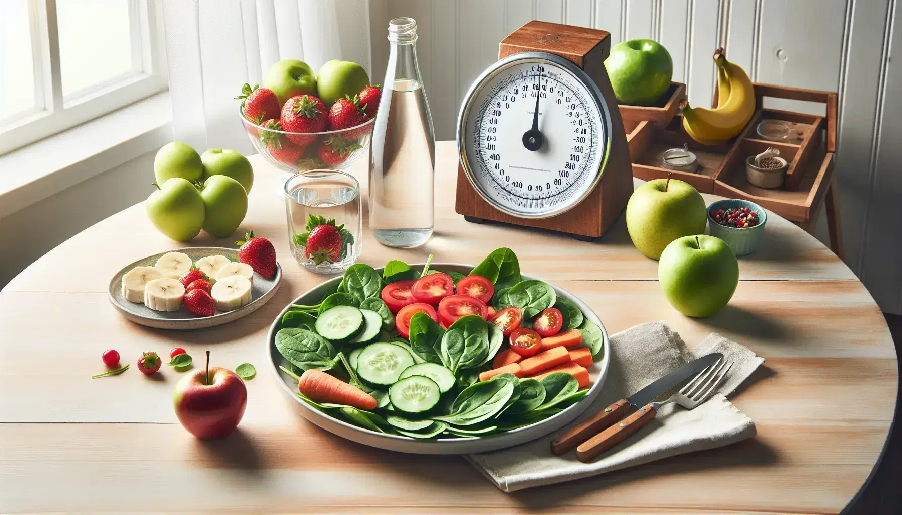 Mesa de madera con alimentos saludables, ensalada verde en plato blanco, frutas variadas en bol, botella y vaso de agua, y balanza con manzanas.