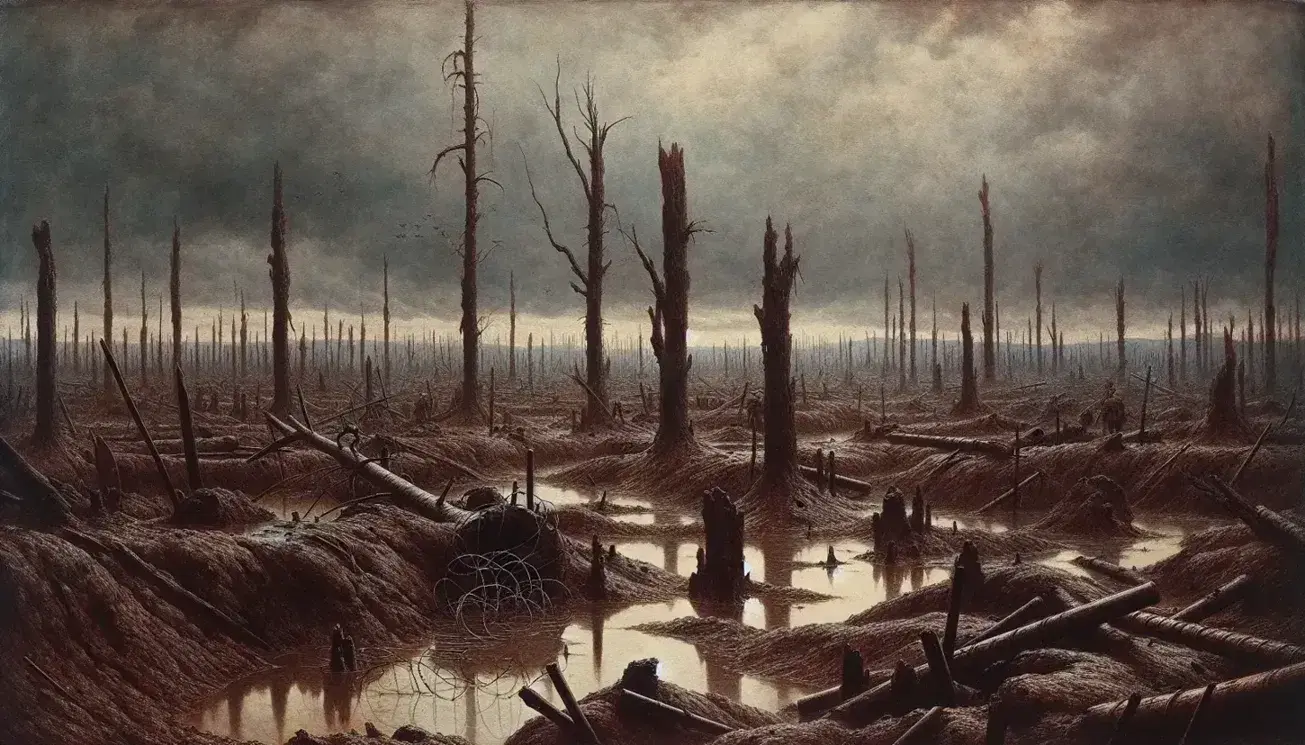 Post-battle World War I Verdun landscape with cratered muddy terrain, murky water-filled shell holes, broken barbed wire, and charred, leafless trees under a heavy grey sky.