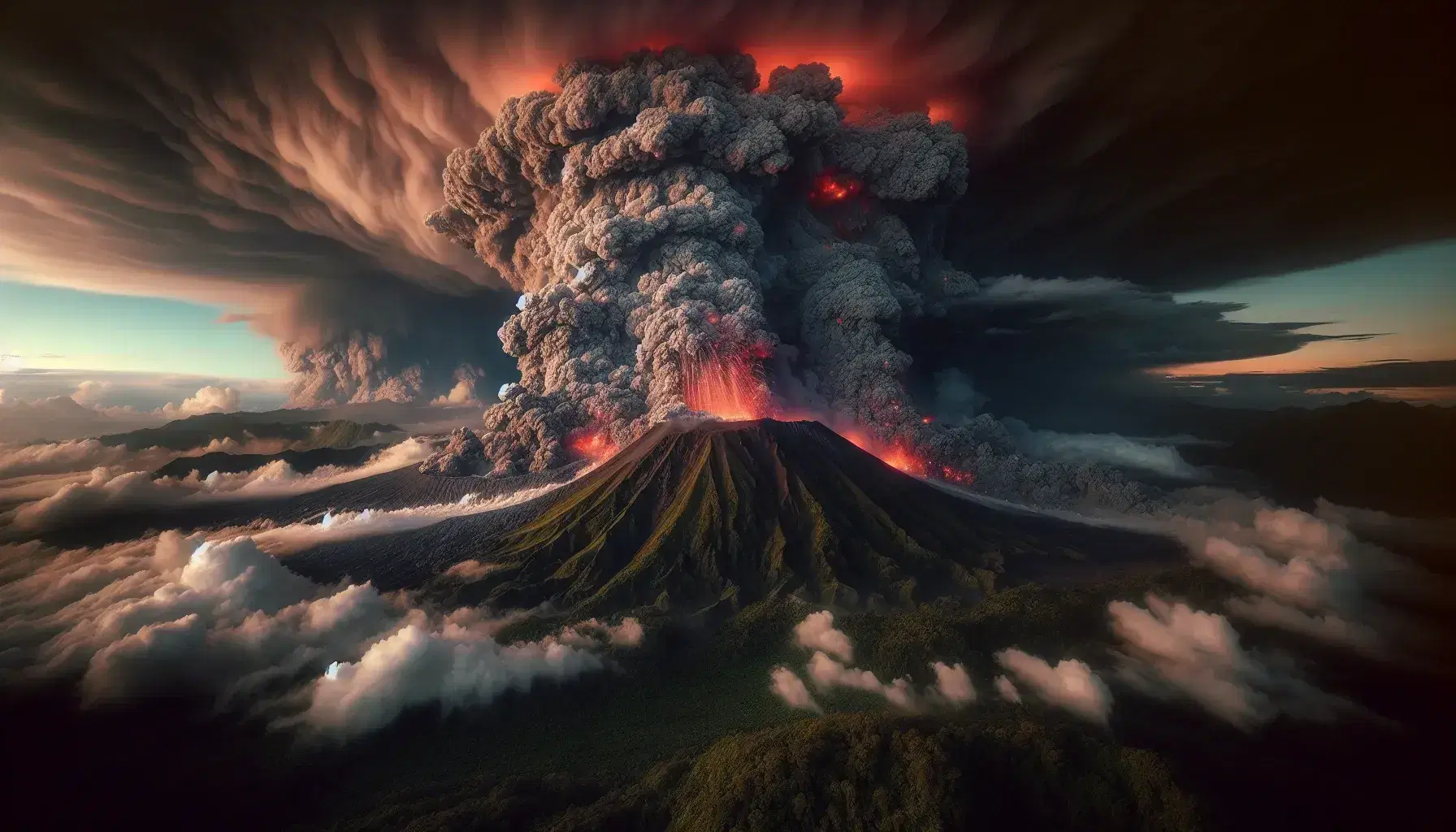 Erupción volcánica intensa con flujo piroclástico descendiendo y columna de ceniza expandiéndose bajo un cielo teñido de rojo y naranja.