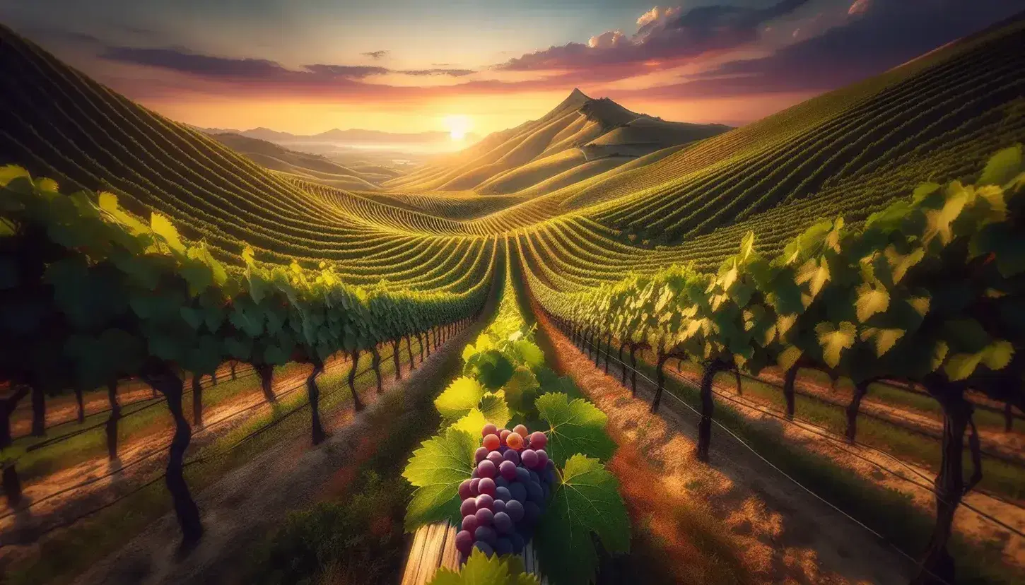 Vigneto nelle colline marchigiane al tramonto con filari ordinati, uva matura in primo piano e il Monte Conero sullo sfondo.
