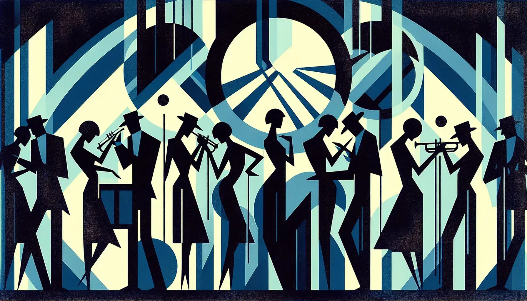 Art Deco style painting with silhouetted figures dancing and playing instruments against a geometric blue-toned background, evoking a night scene.
