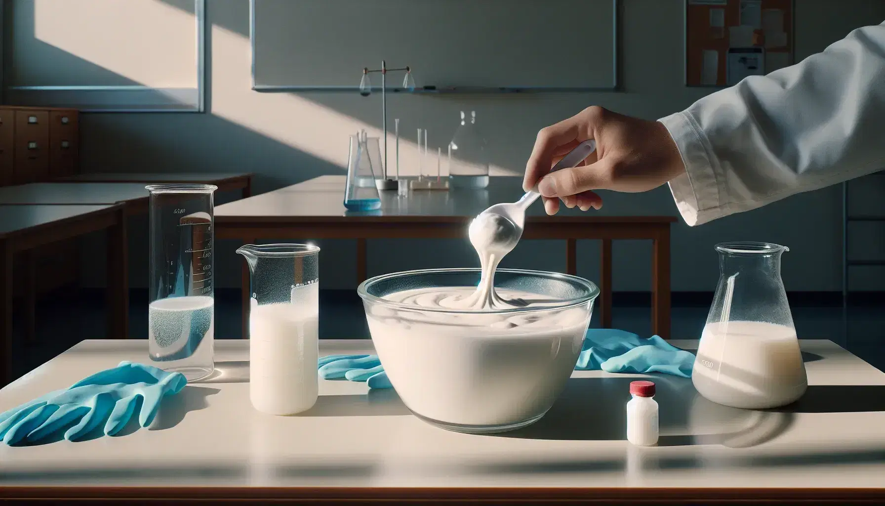 Mano sosteniendo cuchara con fluido no newtoniano en laboratorio, rodeada de objetos de experimentación como beaker y guantes de látex.