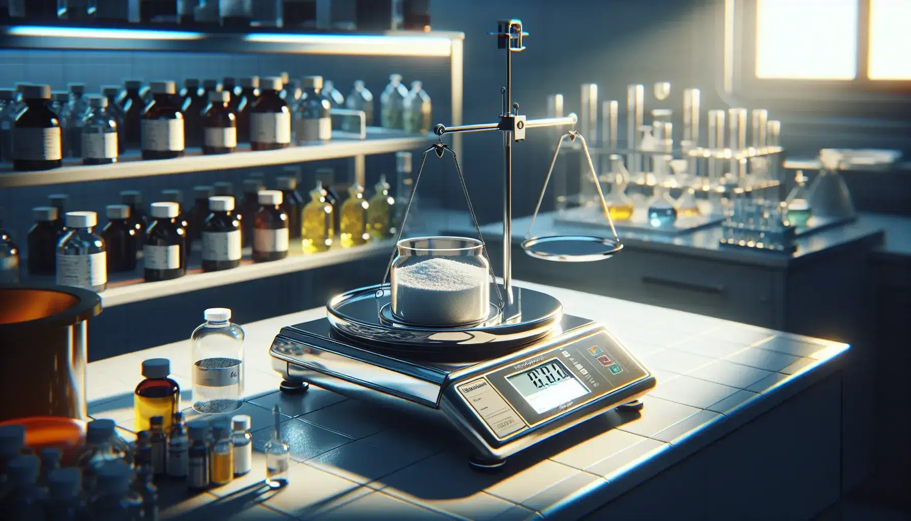 Bilancia analitica di precisione con contenitore trasparente e polvere bianca su banco laboratorio chimico, sfondo con flaconi colorati.