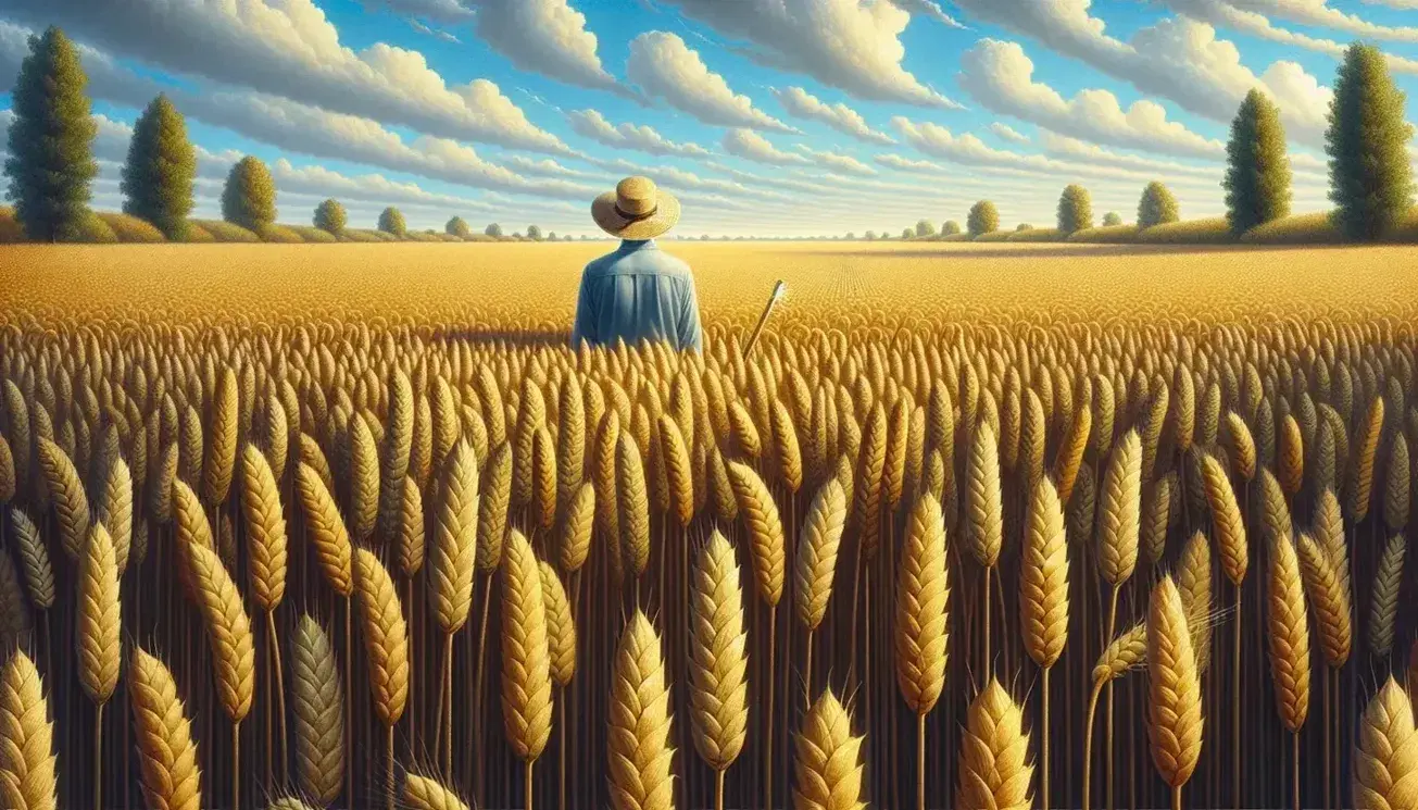 Campo di grano dorato maturo sotto cielo azzurro con nuvole sparse, figura umana con cappello di paglia osserva il raccolto.