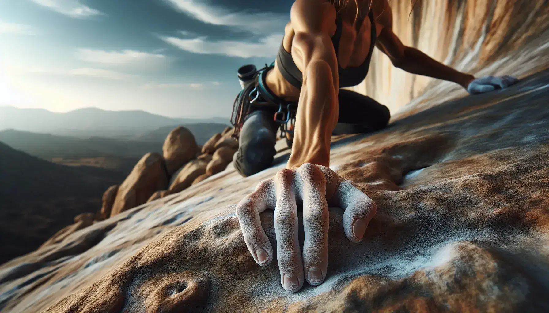 Hands of a climber on a rocky surface, with magnesite powder for better grip, blurred sky and mountains background.