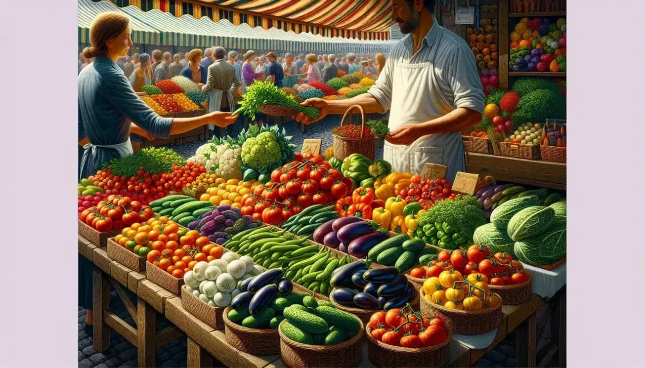 Bustling farmers' market with fresh vegetables on display, vendor handing herbs to customer, other stalls and shoppers in sunny outdoor setting.