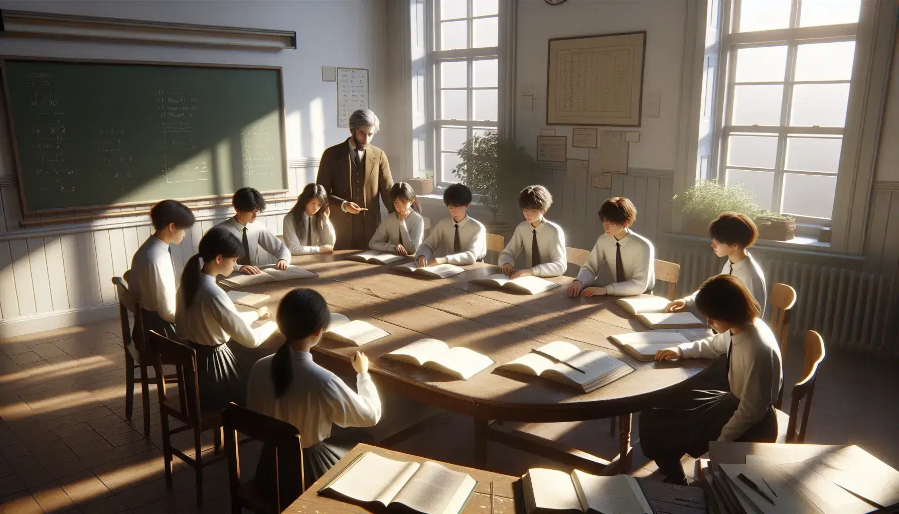 Aula scolastica luminosa con pareti bianche e finestre aperte, tavolo ovale, studenti concentrati sui libri e insegnante che indica un testo.