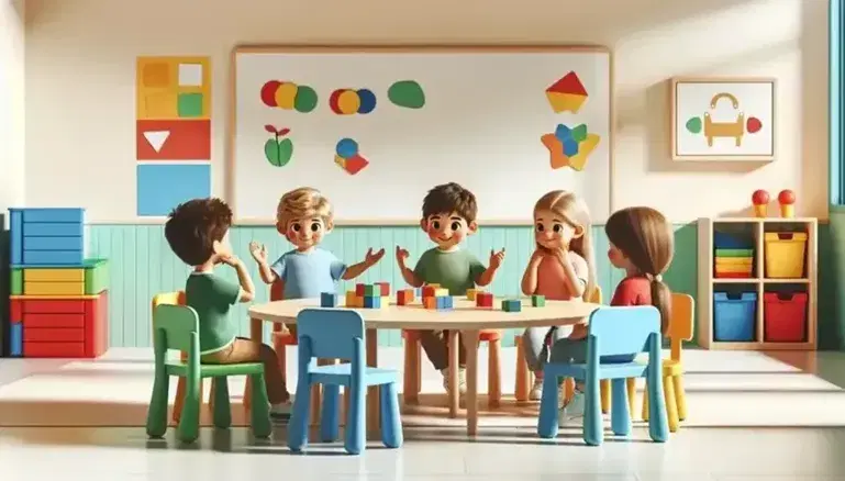 Aula escolar luminosa con niños de 4 a 7 años interactuando alrededor de una mesa con bloques de construcción y figuras geométricas de papel, sin texto visible.