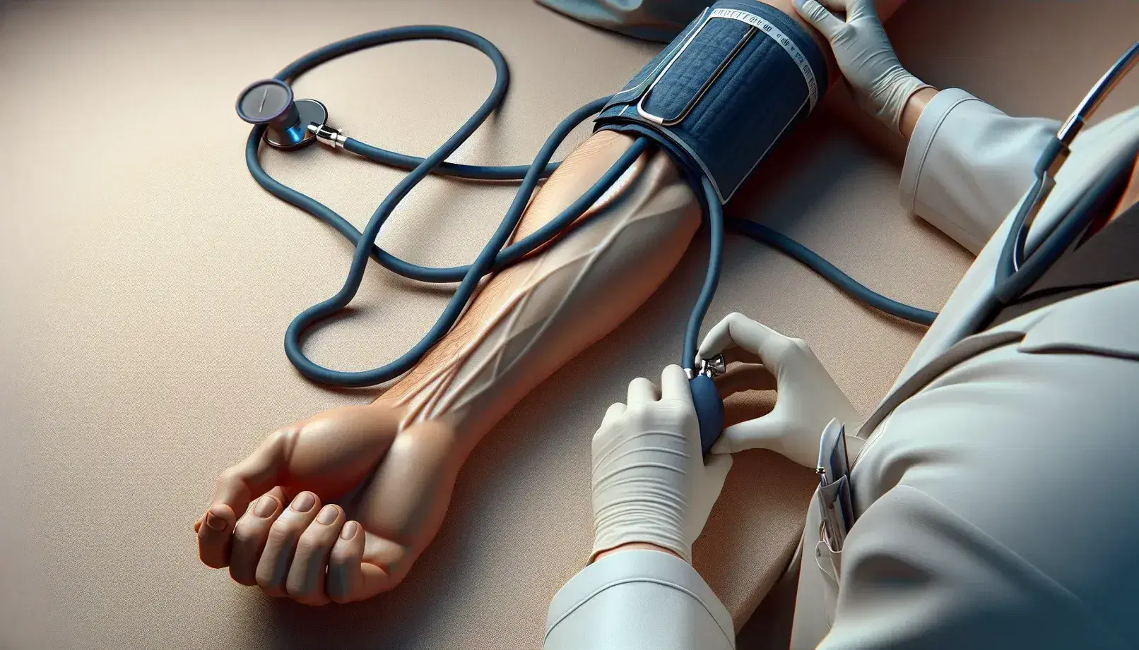 Close-up view of a blood pressure measurement on a human arm with a blue cuff, healthcare professional palpating radial artery, and stethoscope in place.