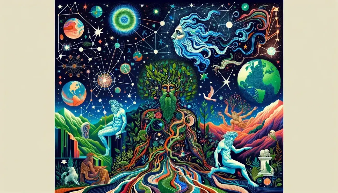 Scena mitologica con Gaia, dea della Terra, al centro, Uranus che fluttua a sinistra e il Caos a destra su sfondo stellato.
