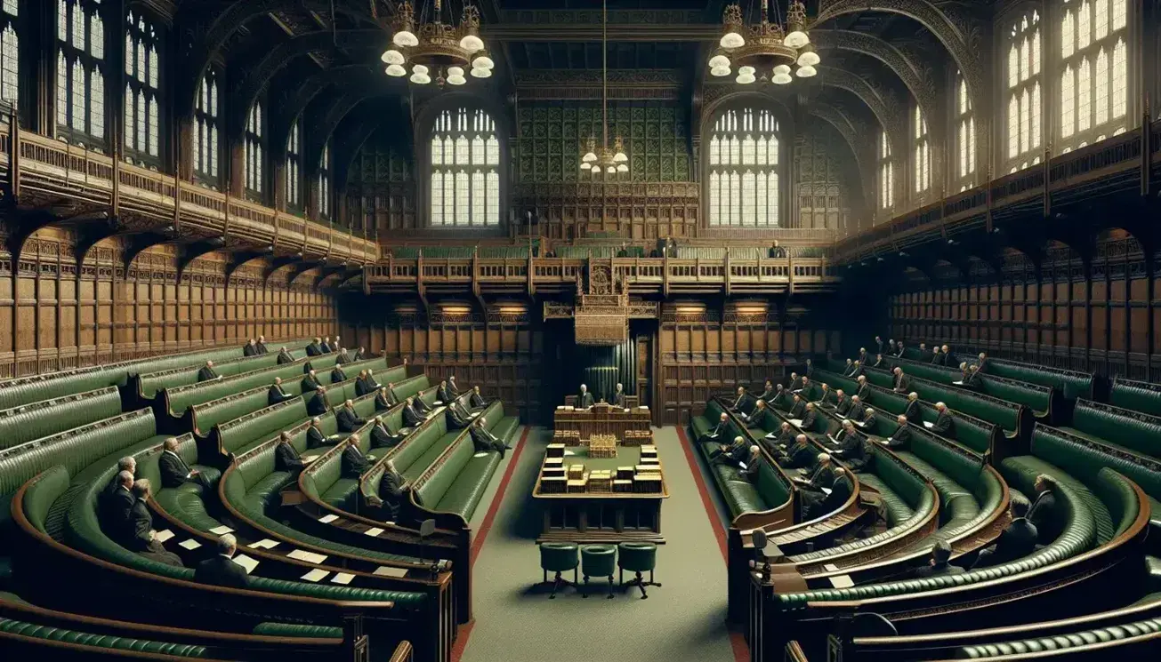 Traditional parliamentary chamber with green leather benches in a horseshoe layout, an ornate chair on a dais, and dark wood paneling under a vaulted ceiling.