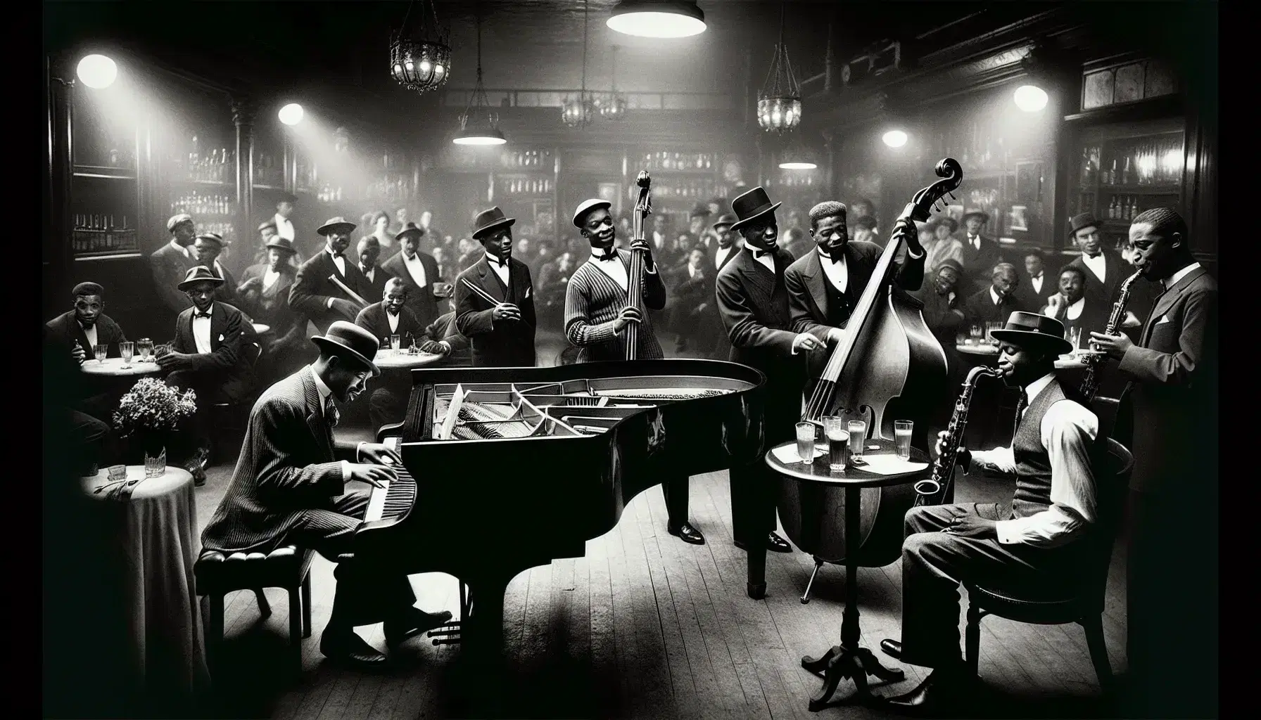 1920s Harlem Renaissance jazz club scene with African American musicians playing piano, double bass, and saxophone to an elegantly dressed audience.