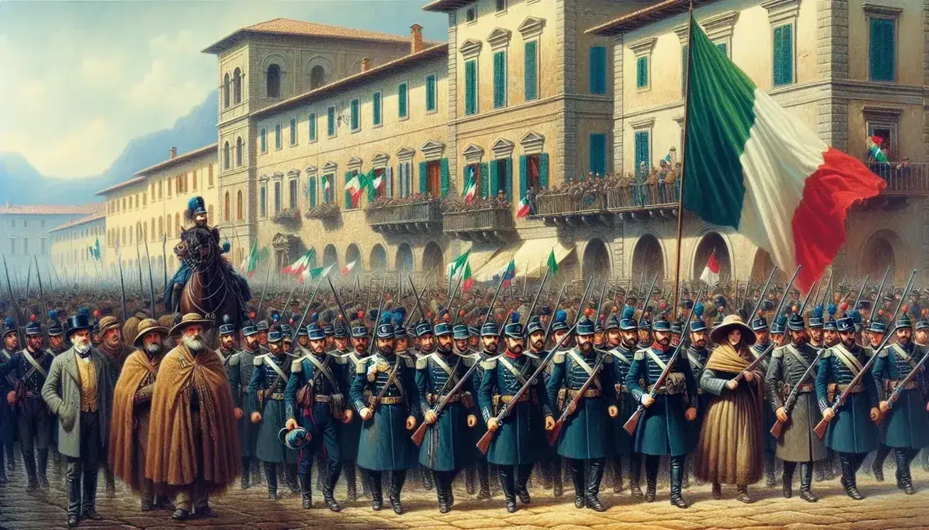 Soldati in uniformi blu del Risorgimento con fucili e bandiere italiane in piazza storica, civili in abiti d'epoca e cavallo marrone in primo piano.