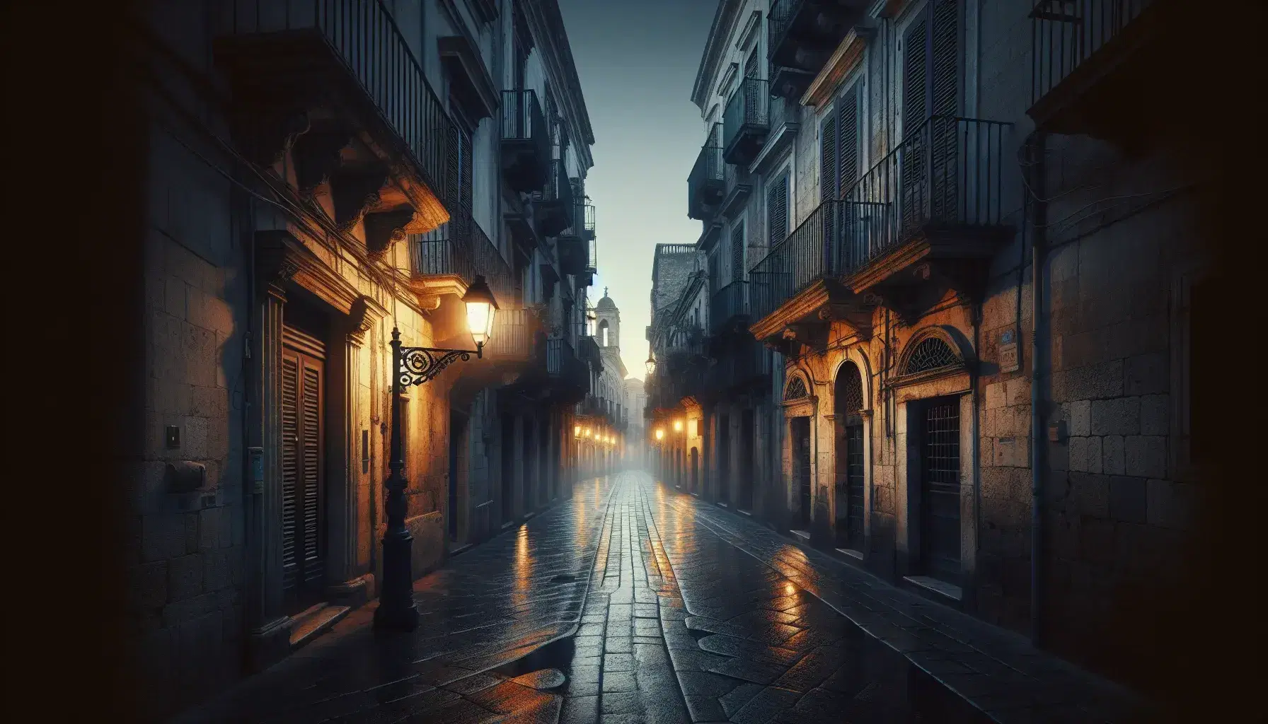 Callejón empedrado al amanecer con edificios antiguos, balcones de hierro forjado y farolas clásicas emitiendo luz amarillenta, sin gente y cielo crepuscular.