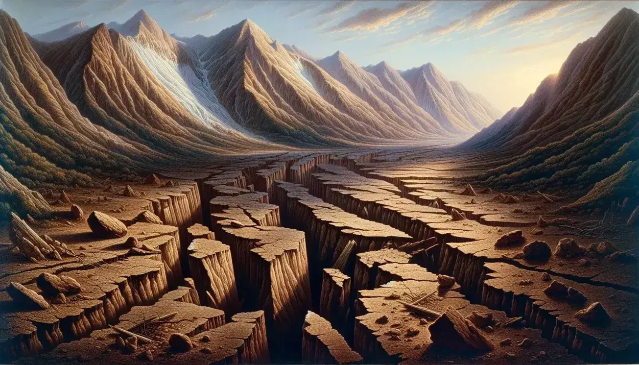 Post-earthquake landscape with a wide, jagged ground fissure, scattered debris, and distant mountains under a clear blue sky.