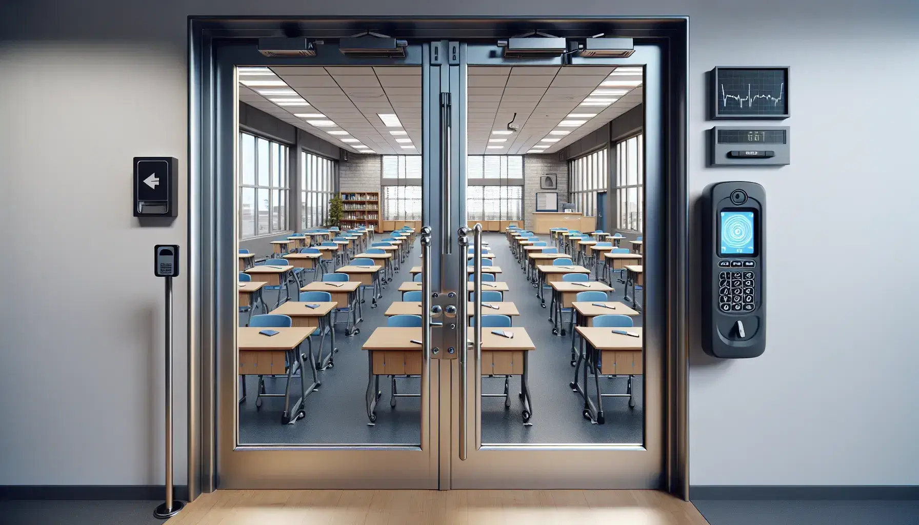 Modern classroom with light wooden desks and chairs with blue cushions, card access door, reinforced windows, teacher desk with computer and telephone, lockable cabinet and surveillance camera.