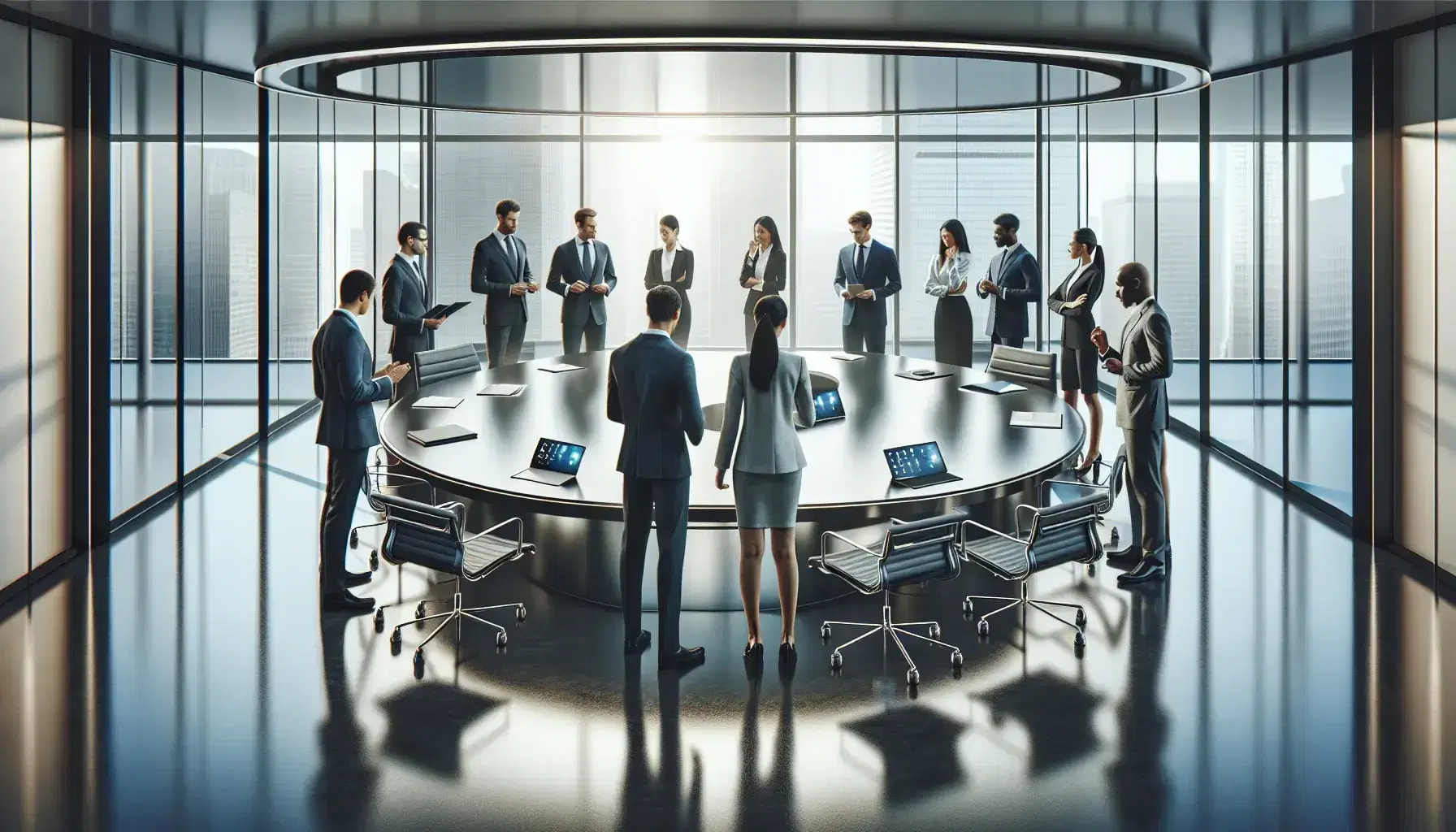 Grupo diverso de profesionales en reunión alrededor de una mesa de conferencias moderna con dispositivos electrónicos, en una oficina iluminada naturalmente.