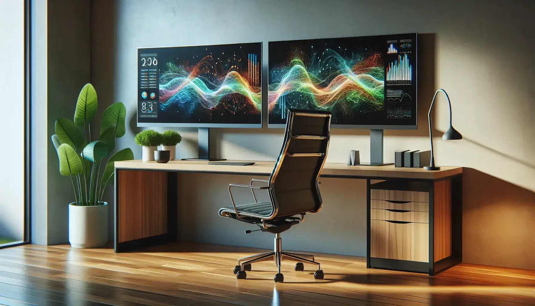 Modern office with wooden desk, two monitors with colorful graphics, black ergonomic chair, green plant and natural light.