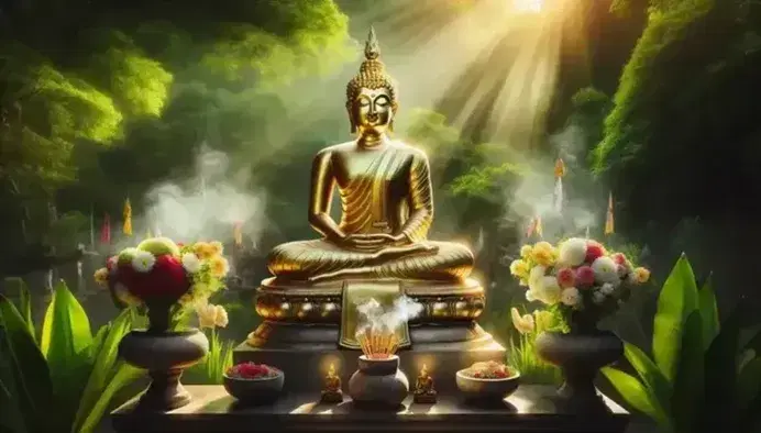 Estatua dorada de Buda en posición de loto con gesto de meditación, rodeada de vegetación y ofrendas florales, bajo luz solar filtrada.