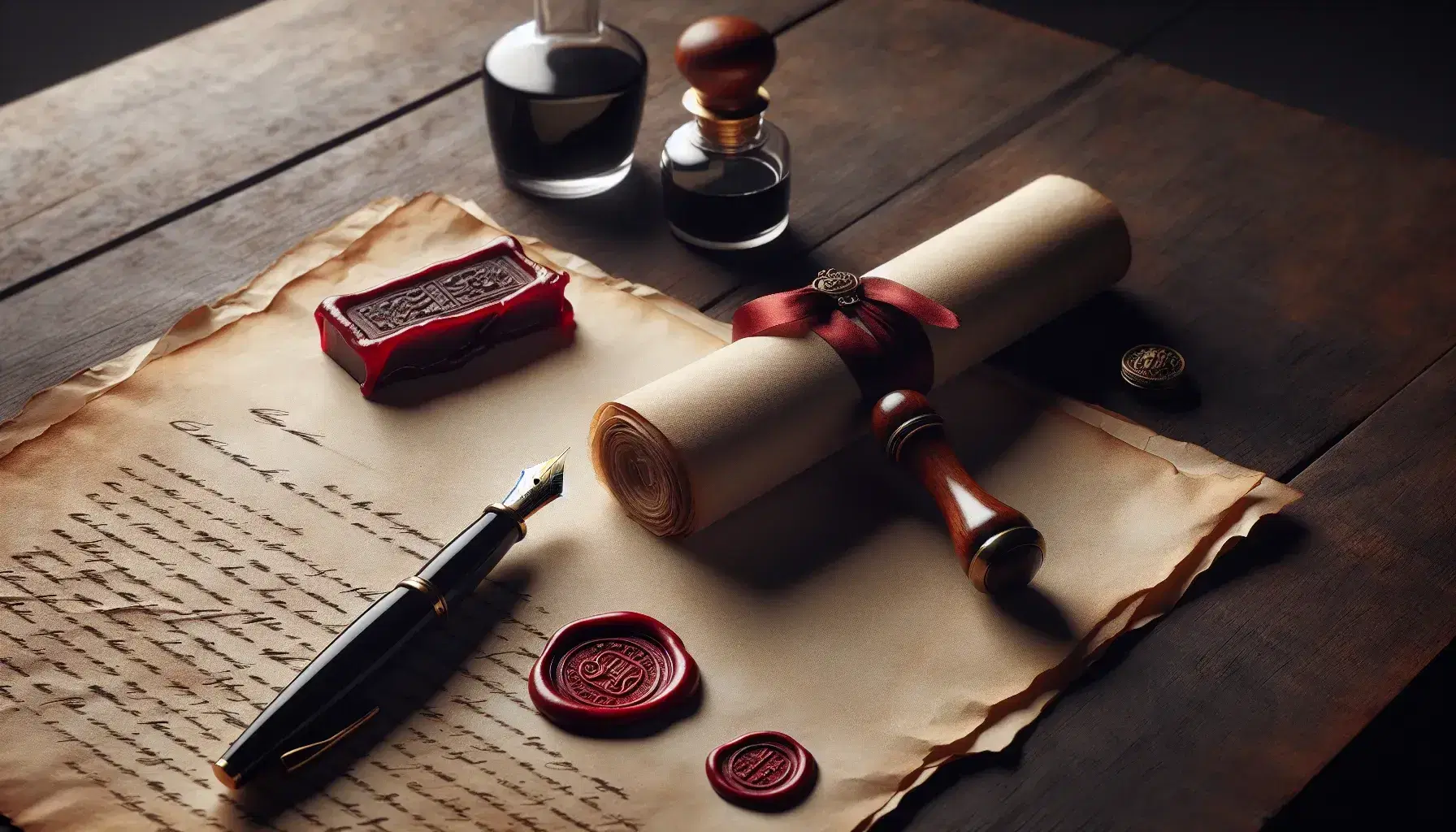 Mesa de madera oscura con sello de cera rojo y mango de madera, barra de cera sin usar, documento enrollado atado con cinta de seda y pluma estilográfica con tintero de vidrio.