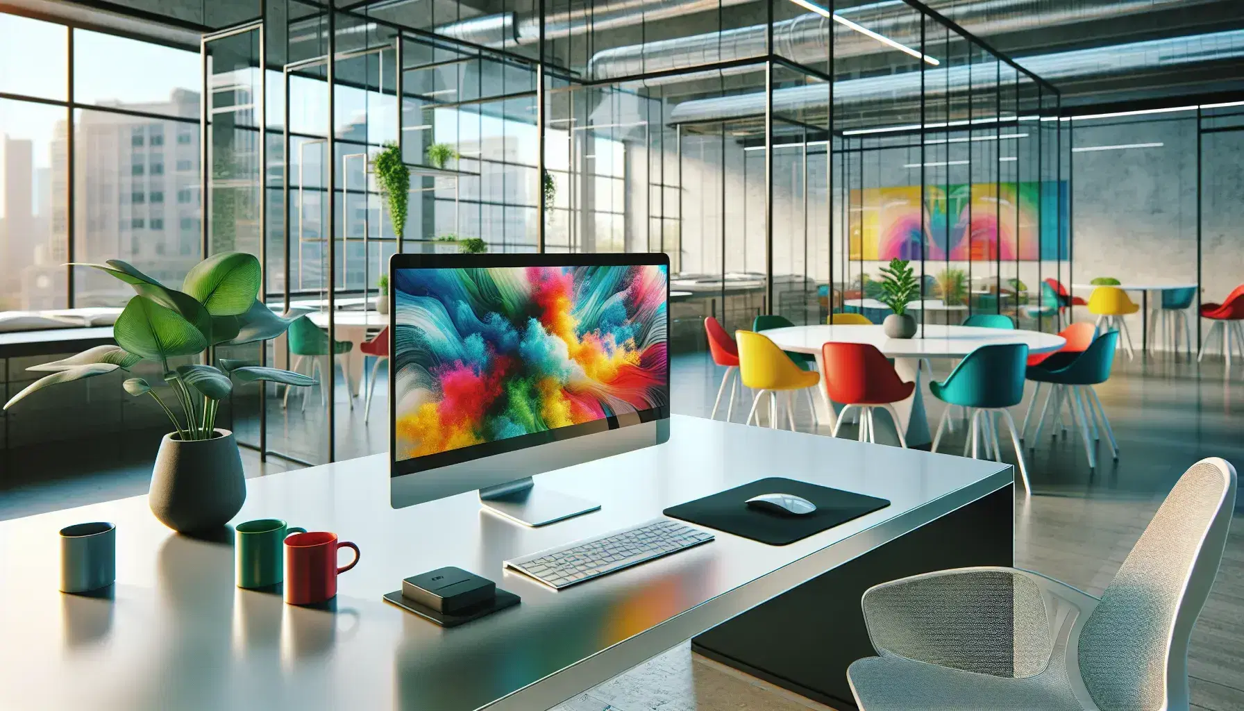 Modern open-space office with white desk, computer, black keyboard and green plant, separated from relaxation area with colored chairs and matching cups.