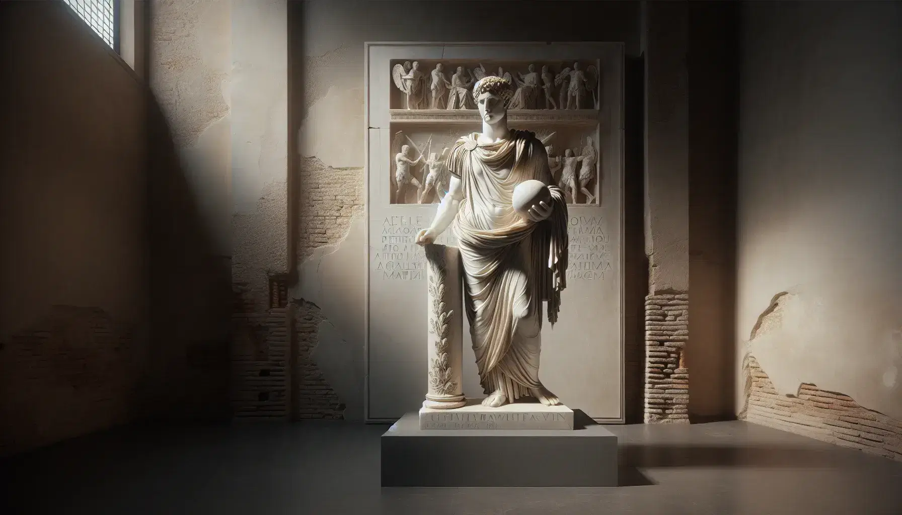 Escultura de mármol blanco de figura romana con toga y corona de laurel, sosteniendo esfera y apoyada en pilar con relieves, ante muro de ladrillos antiguo.