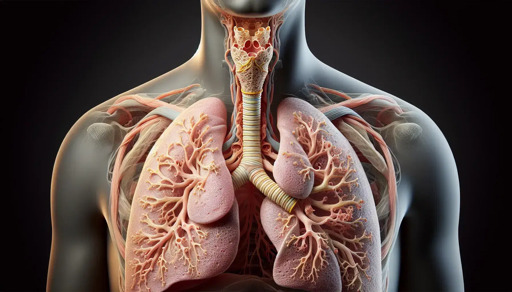 Modello anatomico 3D del sistema respiratorio umano con polmoni, trachea, laringe e vie aeree superiori dettagliati.