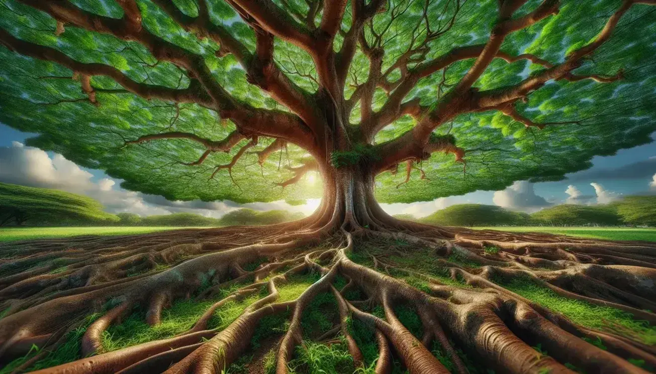 Árbol frondoso con raíces visibles y tronco robusto, rodeado de césped verde bajo un cielo azul con nubes dispersas, reflejando la serenidad de la naturaleza.