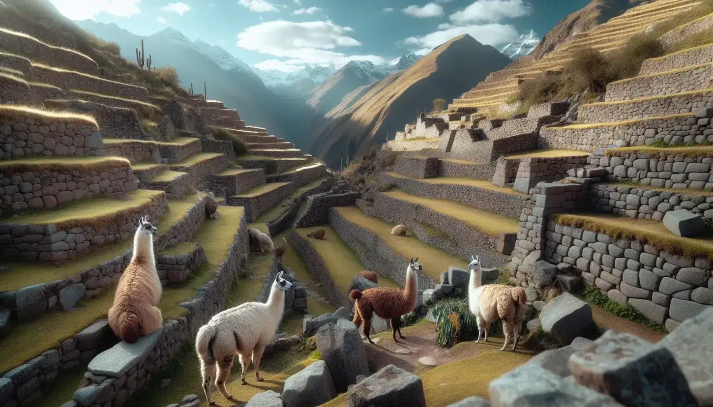 Terrazas de cultivo incas con muros de piedra y llamas pastando bajo un cielo azul con montañas nevadas al fondo.