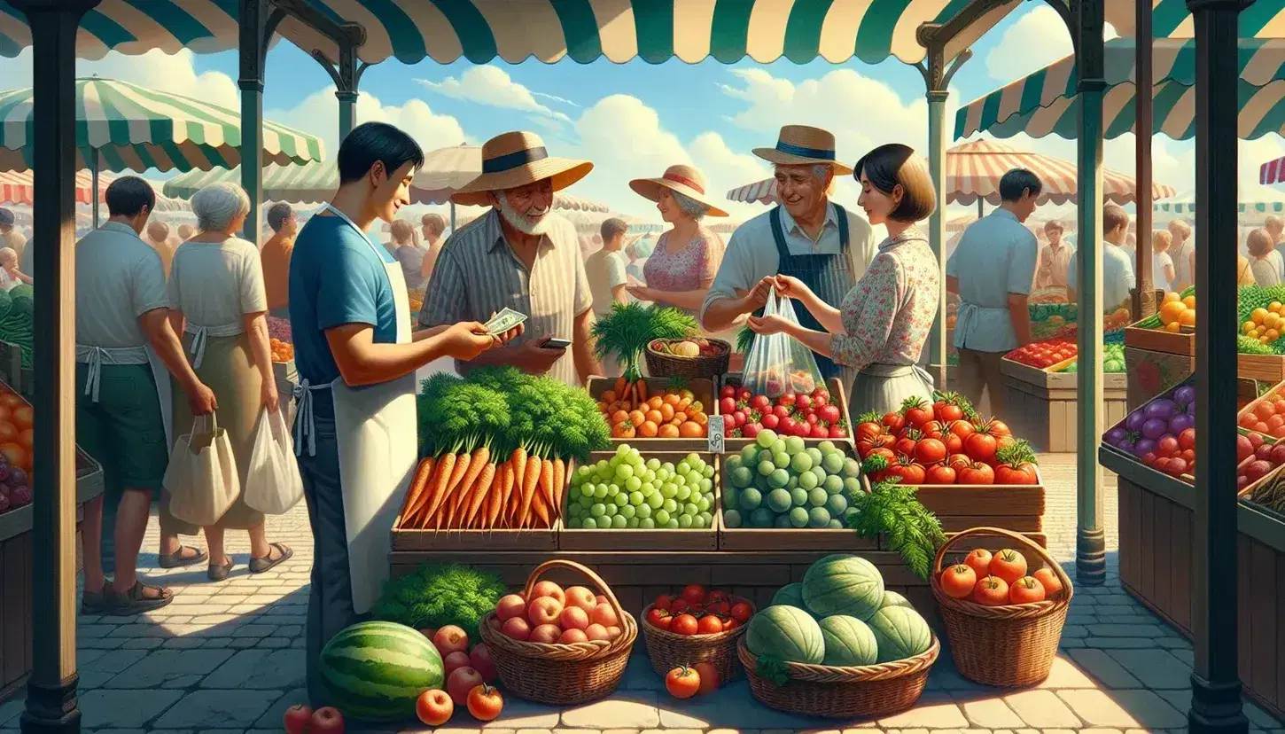 Mercato all'aperto con bancarella di frutta e verdura, venditore che serve cliente e anziano che esamina un melone, sotto un cielo azzurro.