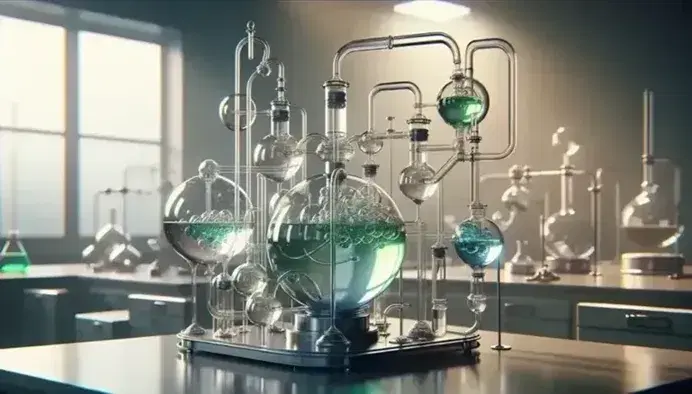 Complex glass laboratory apparatus with interconnected flasks containing green, blue, and clear liquids, and a tube with rising bubbles, on a gray bench.